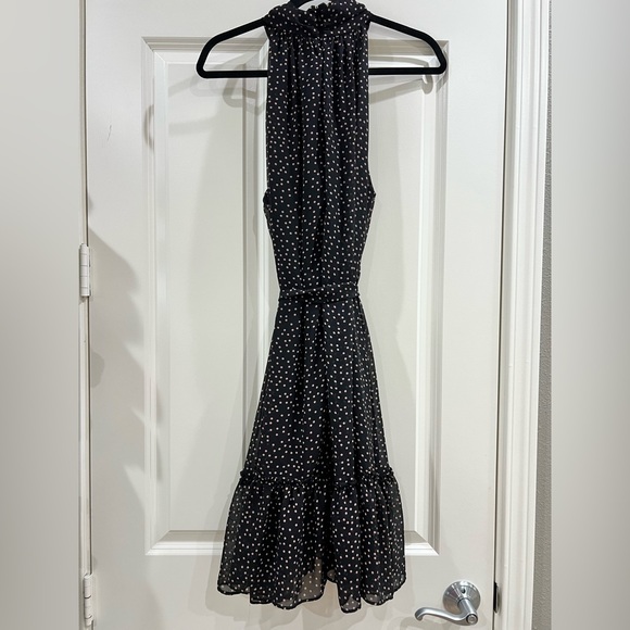 Taylor A-line Women's Black Dress Tan Polka Dot Halter Neck Ruffles Short - Picture 2 of 5